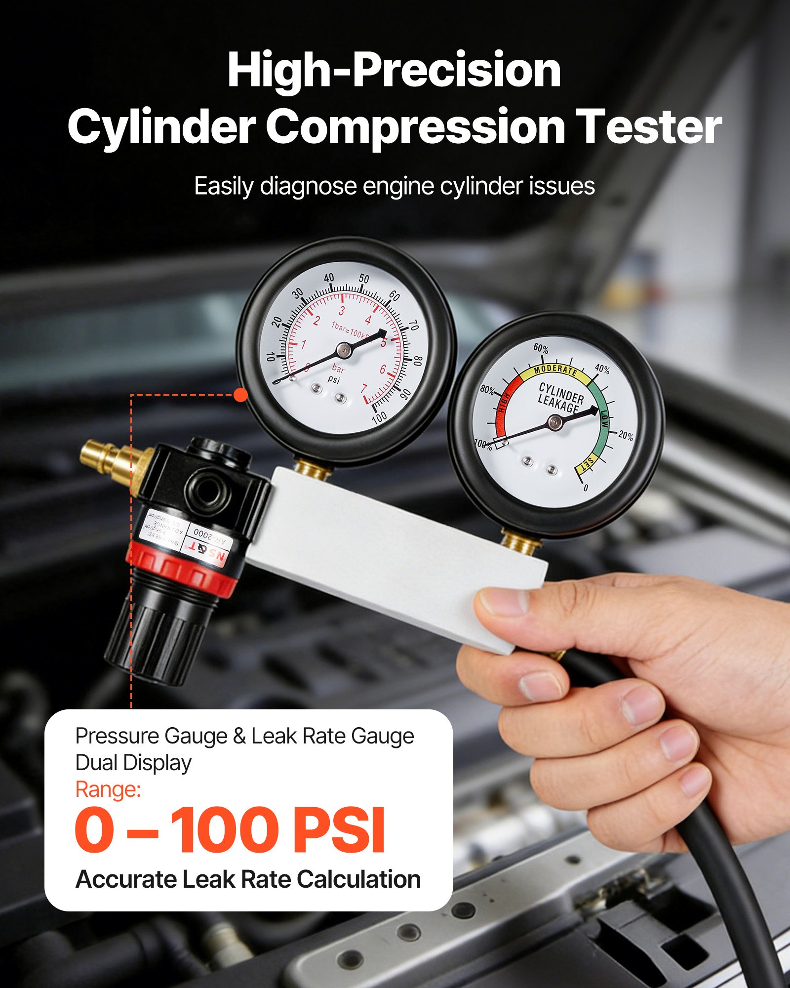 VEVOR Engine Cylinder Compression Tester Kit, Pressure Gauge Range of 0-100 PSI, Automotive Leak Down Tester Kit with 4 Adapters, 2 Metal Tubes, Pressure Check & Leakage Rate Test on Cars, Motorcycles