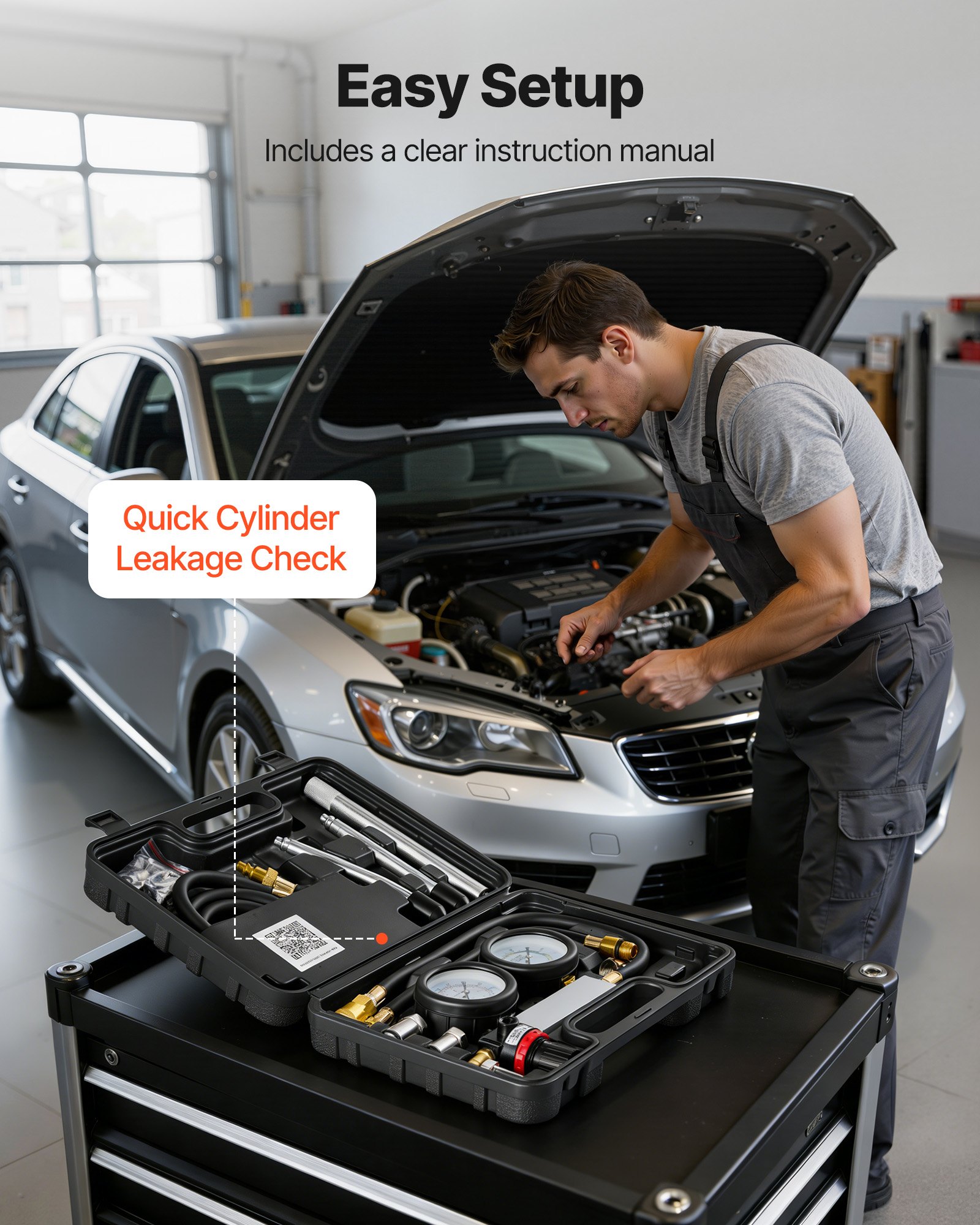 VEVOR Engine Cylinder Compression Tester Kit, Pressure Gauge Range of 0-100 PSI, Automotive Leak Down Tester Kit with 4 Adapters, 2 Metal Tubes, Pressure Check & Leakage Rate Test on Cars, Motorcycles