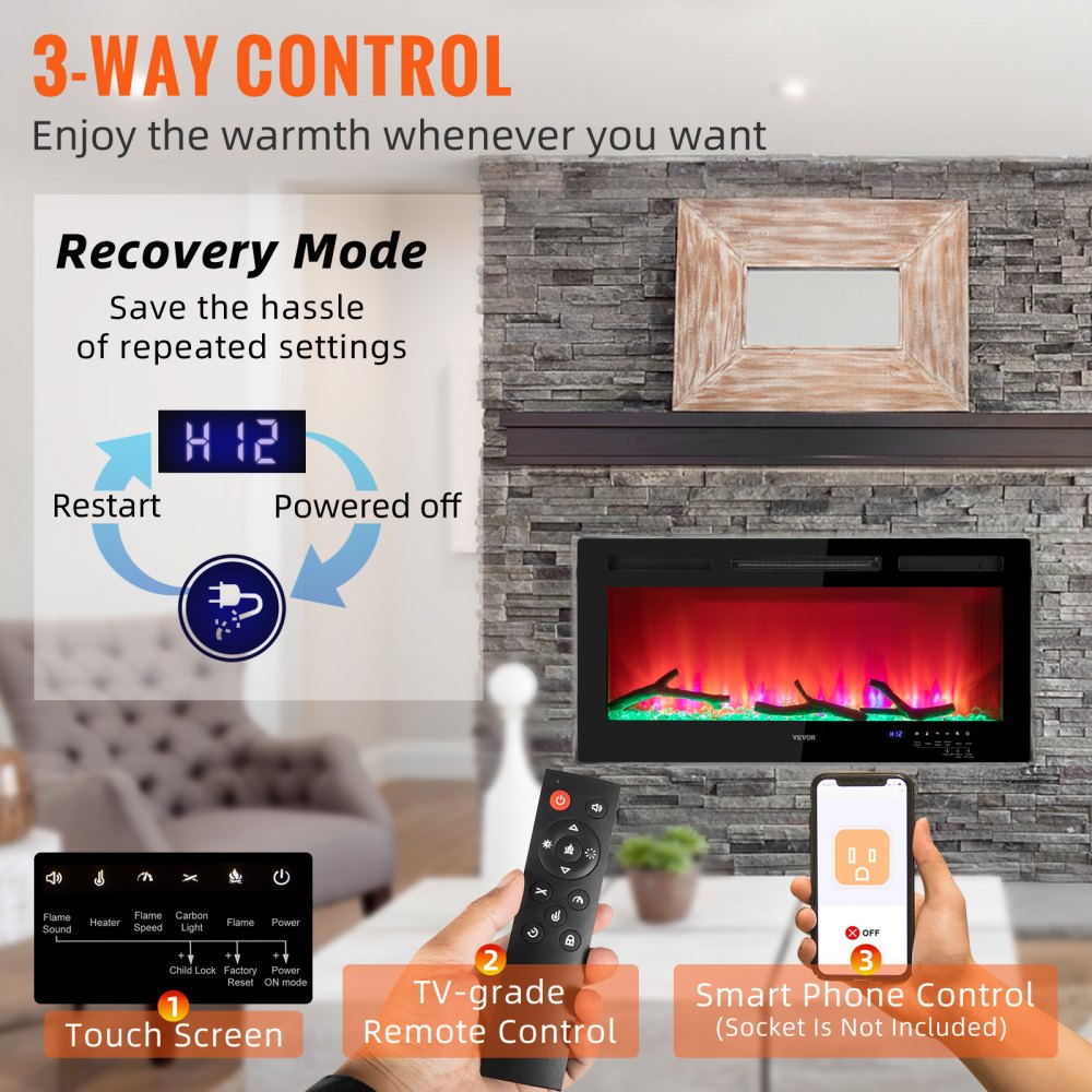 Chimenea eléctrica VEVOR Chimenea lineal 36'' Montada en la pared o empotrada con control remoto