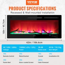 VEVOR Electric Fireplace, 42-inch Recessed and Wall Mounted, Fit for 2 x 4 and 2 x 6 Stud, Adjustable Flame Colors and Speed with Remote Control & Timer, 1500 W, Black