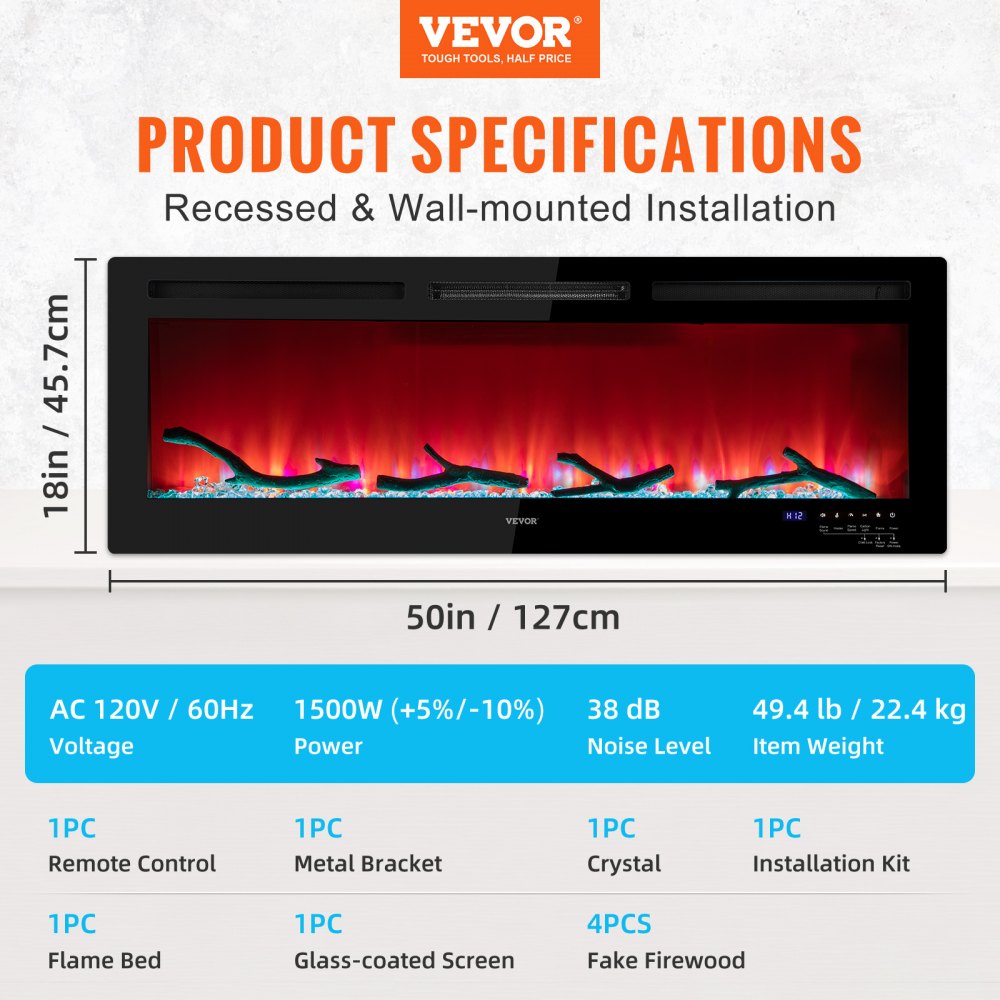 VEVOR Electric Fireplace Linear Fireplace 50'' Wall-mount/Recessed Voice Control