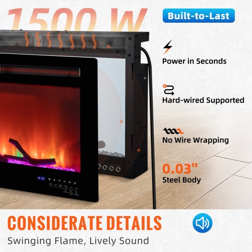 VEVOR Electric Fireplace Linear Fireplace 50'' Wall-mounted or Recessed w/Remote