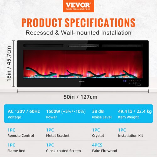 VEVOR Electric Fireplace Linear Fireplace 50'' Wall-mounted or Recessed w/Remote
