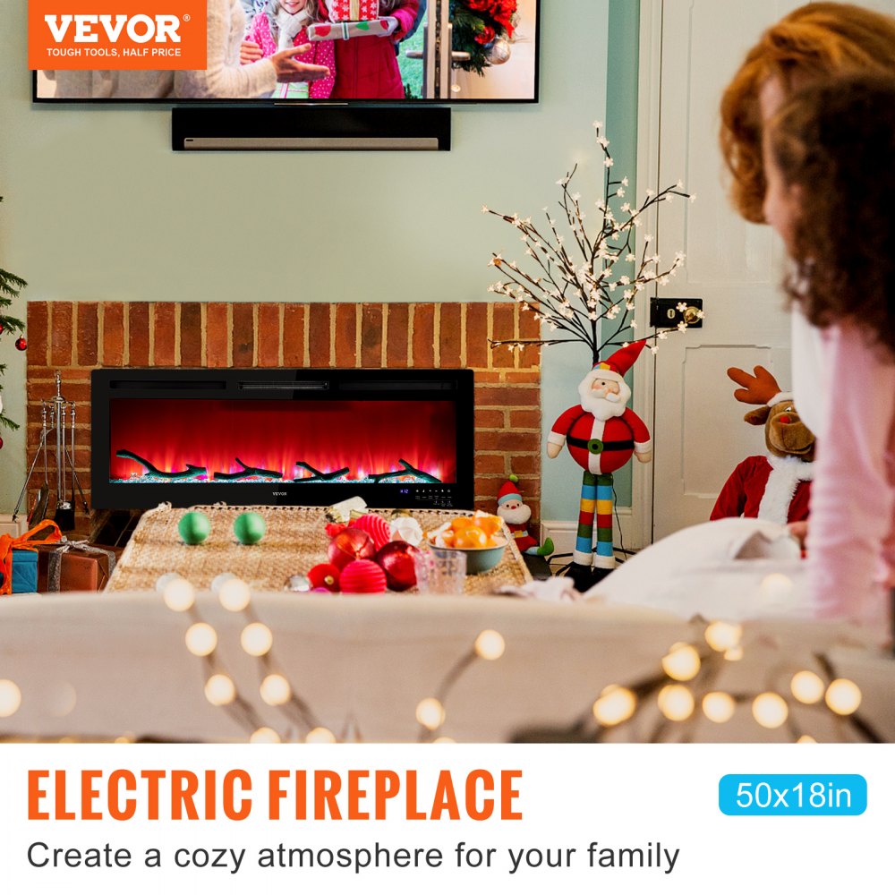 VEVOR Electric Fireplace, 50-inch Recessed and Wall Mounted, Fit for 2 x 4 and 2 x 6 Stud, Adjustable Flame Colors and Speed with Remote Control & Timer, 1500 W, Black