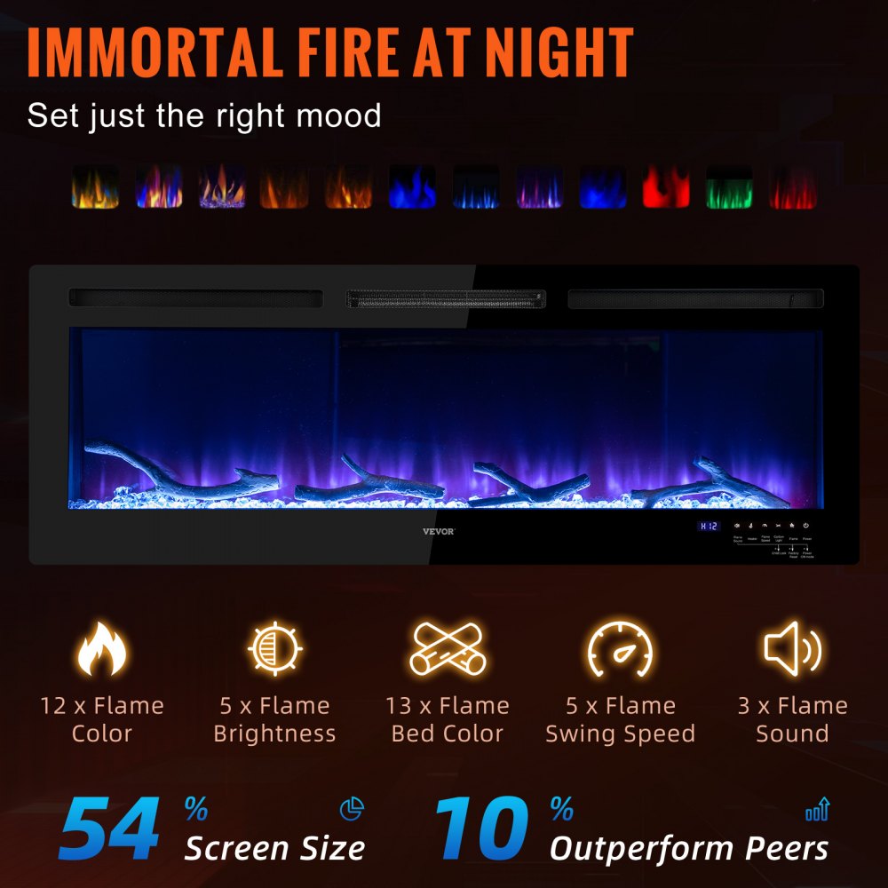 VEVOR Electric Fireplace, 50-inch Recessed and Wall Mounted, Fit for 2 x 4 and 2 x 6 Stud, Adjustable Flame Colors and Speed with Remote Control & Timer, 1500 W, Black