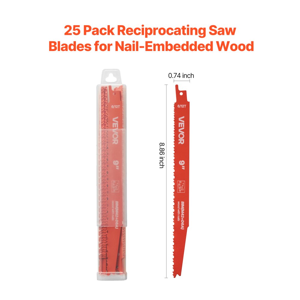VEVOR Reciprocating Saw Blades, 25 Pack, 6/12 TPI Bi-Metal Reciprocating Saw Blade Set with Universal Shank, Sharp Teeth for Fast and Smooth Cuts, for Wood and Nail-Embedded Wood Demolition, Orange