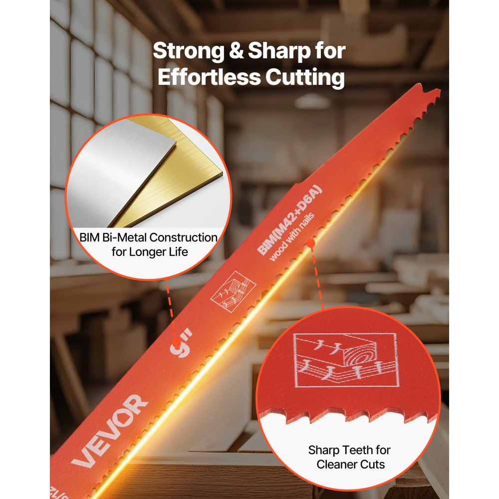 VEVOR Reciprocating Saw Blades, 25 Pack, 6/12 TPI Bi-Metal Reciprocating Saw Blade Set with Universal Shank, Sharp Teeth for Fast and Smooth Cuts, for Wood and Nail-Embedded Wood Demolition, Orange
