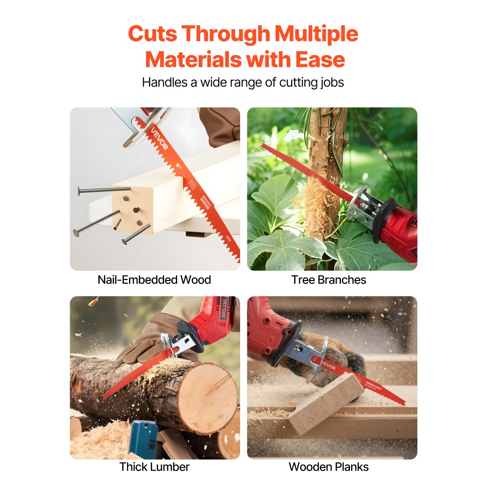 VEVOR Reciprocating Saw Blades, 25 Pack, 6/12 TPI Bi-Metal Reciprocating Saw Blade Set with Universal Shank, Sharp Teeth for Fast and Smooth Cuts, for Wood and Nail-Embedded Wood Demolition, Orange