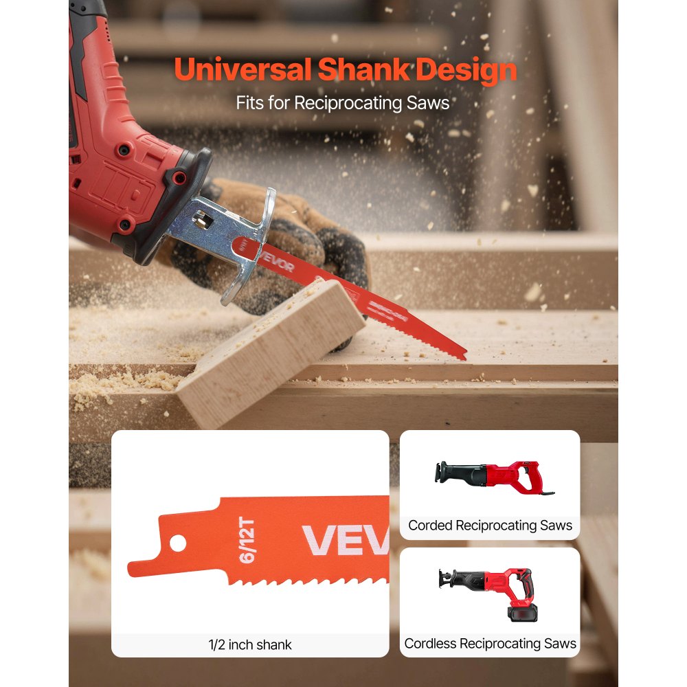 VEVOR Reciprocating Saw Blades, 25 Pack, 6/12 TPI Bi-Metal Reciprocating Saw Blade Set with Universal Shank, Sharp Teeth for Fast and Smooth Cuts, for Wood and Nail-Embedded Wood Demolition, Orange