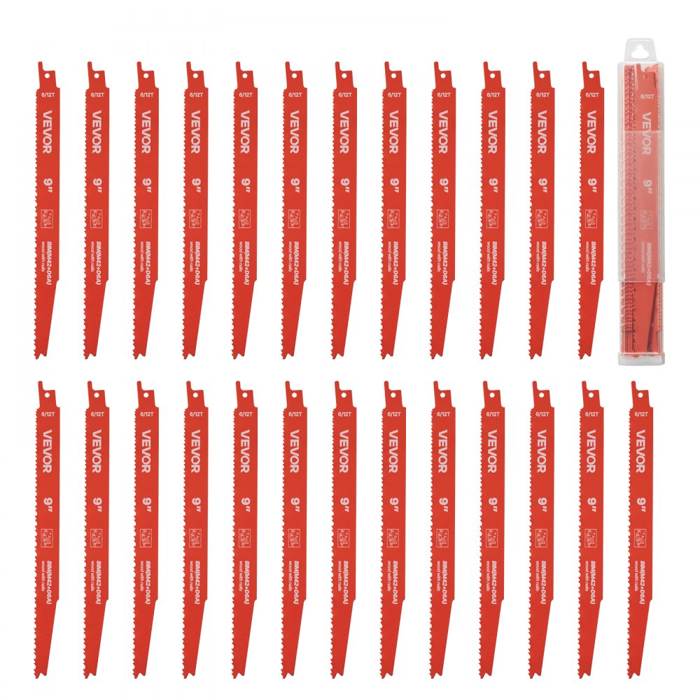 VEVOR Reciprocating Saw Blades, 25 Pack, 6/12 TPI Bi-Metal Reciprocating Saw Blade Set with Universal Shank, Sharp Teeth for Fast and Smooth Cuts, for Wood and Nail-Embedded Wood Demolition, Orange