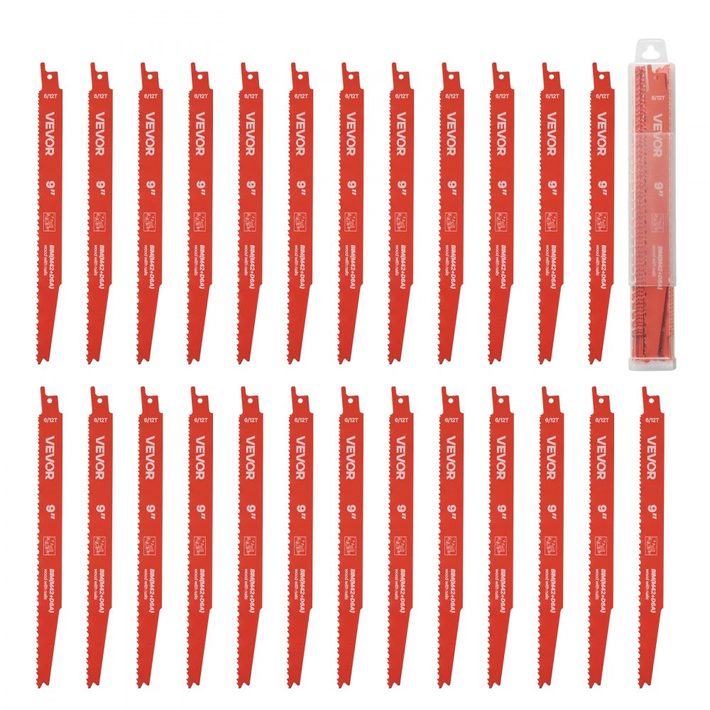 VEVOR Reciprocating Saw Blades, 25 Pack, 6/12 TPI Bi-Metal Reciprocating Saw Blade Set with Universal Shank, Sharp Teeth for Fast and Smooth Cuts, for Wood and Nail-Embedded Wood Demolition, Orange