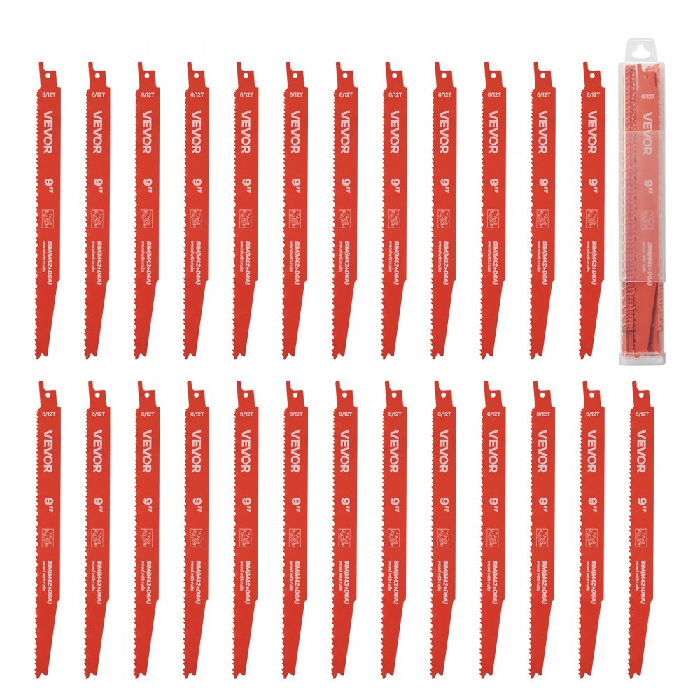 VEVOR Reciprocating Saw Blades, 25 Pack, 6/12 TPI Bi-Metal Reciprocating Saw Blade Set with Universal Shank, Sharp Teeth for Fast and Smooth Cuts, for Wood and Nail-Embedded Wood Demolition, Orange