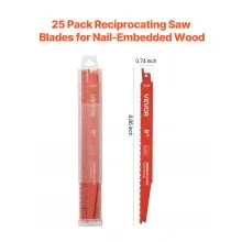 VEVOR Reciprocating Saw Blades, 25 Pack, 6/12 TPI Bi-Metal Reciprocating Saw Blade Set with Universal Shank, Sharp Teeth for Fast and Smooth Cuts, for Wood and Nail-Embedded Wood Demolition, Orange
