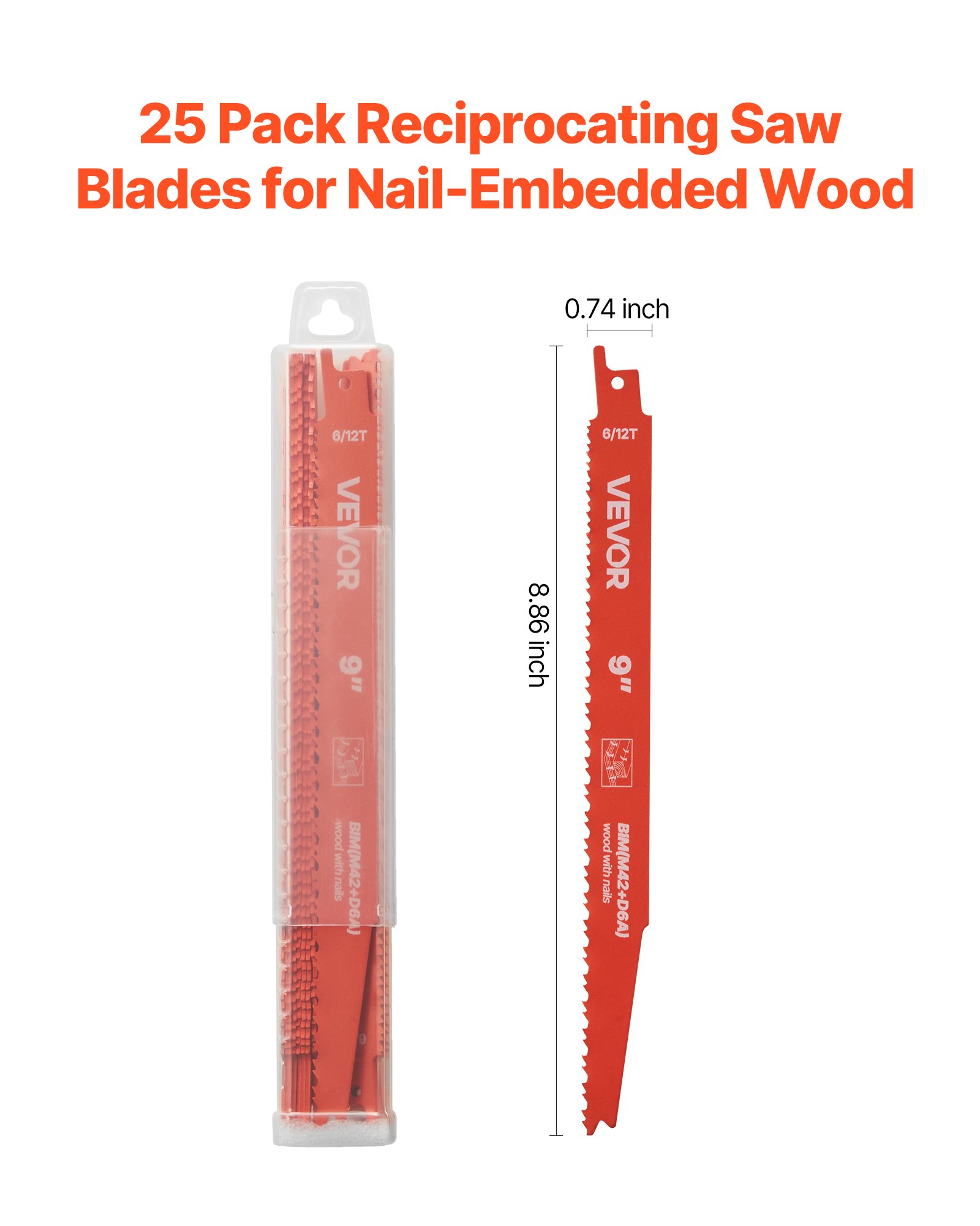 VEVOR Reciprocating Saw Blades, 25 Pack, 6/12 TPI Bi-Metal Reciprocating Saw Blade Set with Universal Shank, Sharp Teeth for Fast and Smooth Cuts, for Wood and Nail-Embedded Wood Demolition, Orange