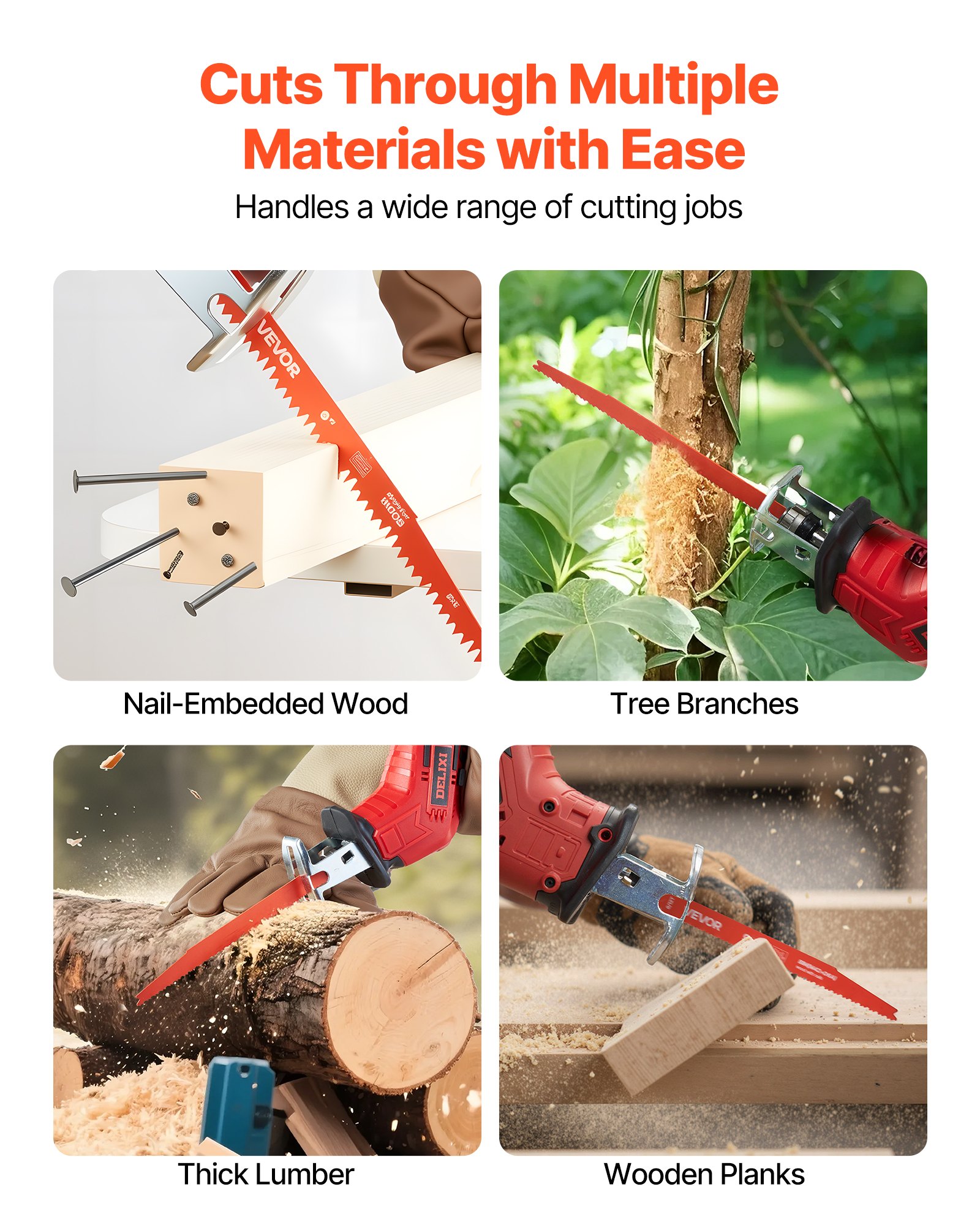 VEVOR Reciprocating Saw Blades, 25 Pack, 6/12 TPI Bi-Metal Reciprocating Saw Blade Set with Universal Shank, Sharp Teeth for Fast and Smooth Cuts, for Wood and Nail-Embedded Wood Demolition, Orange
