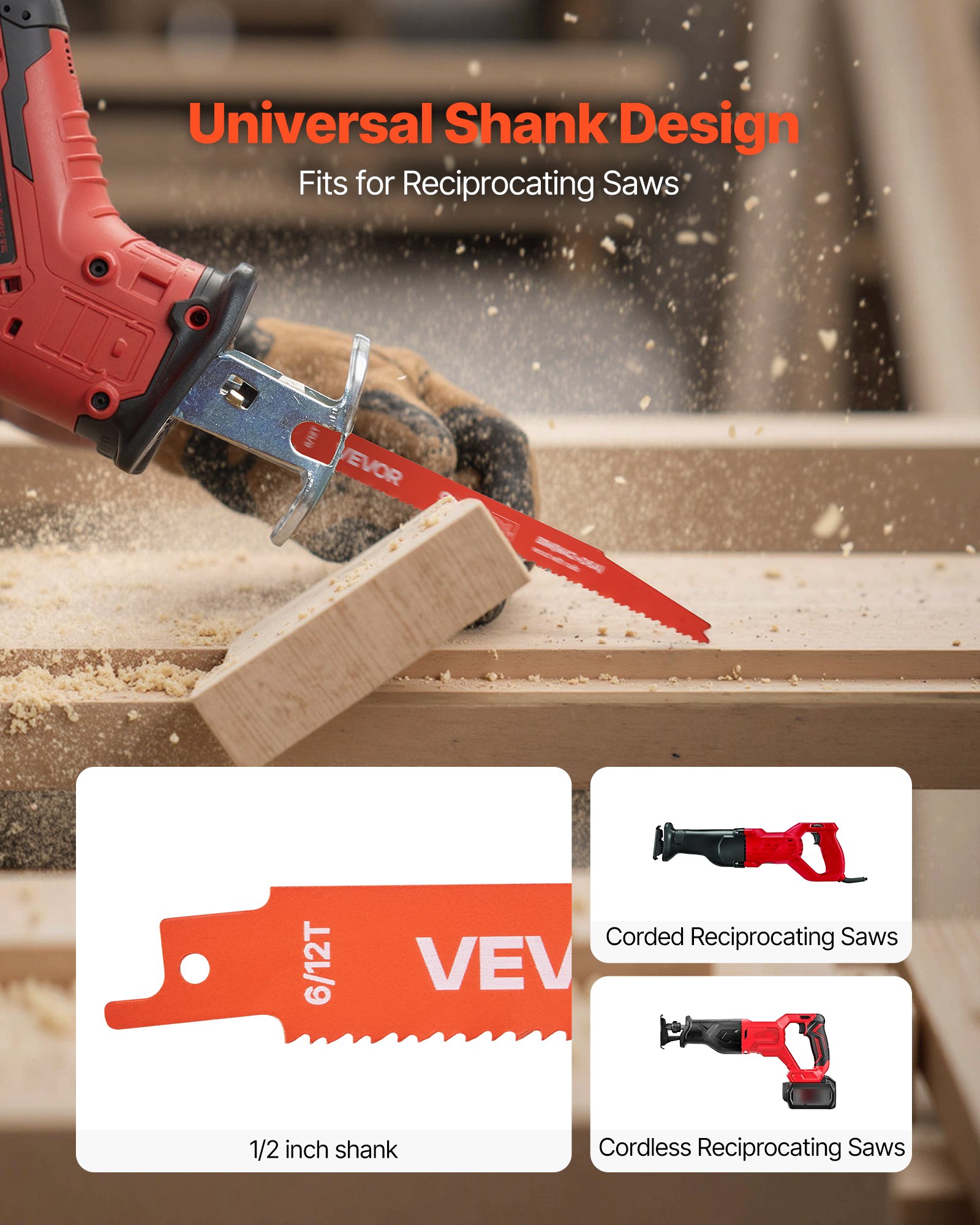 VEVOR Reciprocating Saw Blades, 25 Pack, 6/12 TPI Bi-Metal Reciprocating Saw Blade Set with Universal Shank, Sharp Teeth for Fast and Smooth Cuts, for Wood and Nail-Embedded Wood Demolition, Orange