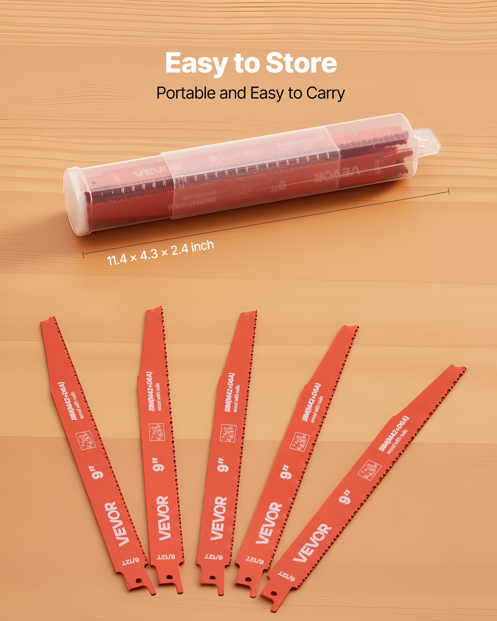 VEVOR Reciprocating Saw Blades, 25 Pack, 6/12 TPI Bi-Metal Reciprocating Saw Blade Set with Universal Shank, Sharp Teeth for Fast and Smooth Cuts, for Wood and Nail-Embedded Wood Demolition, Orange