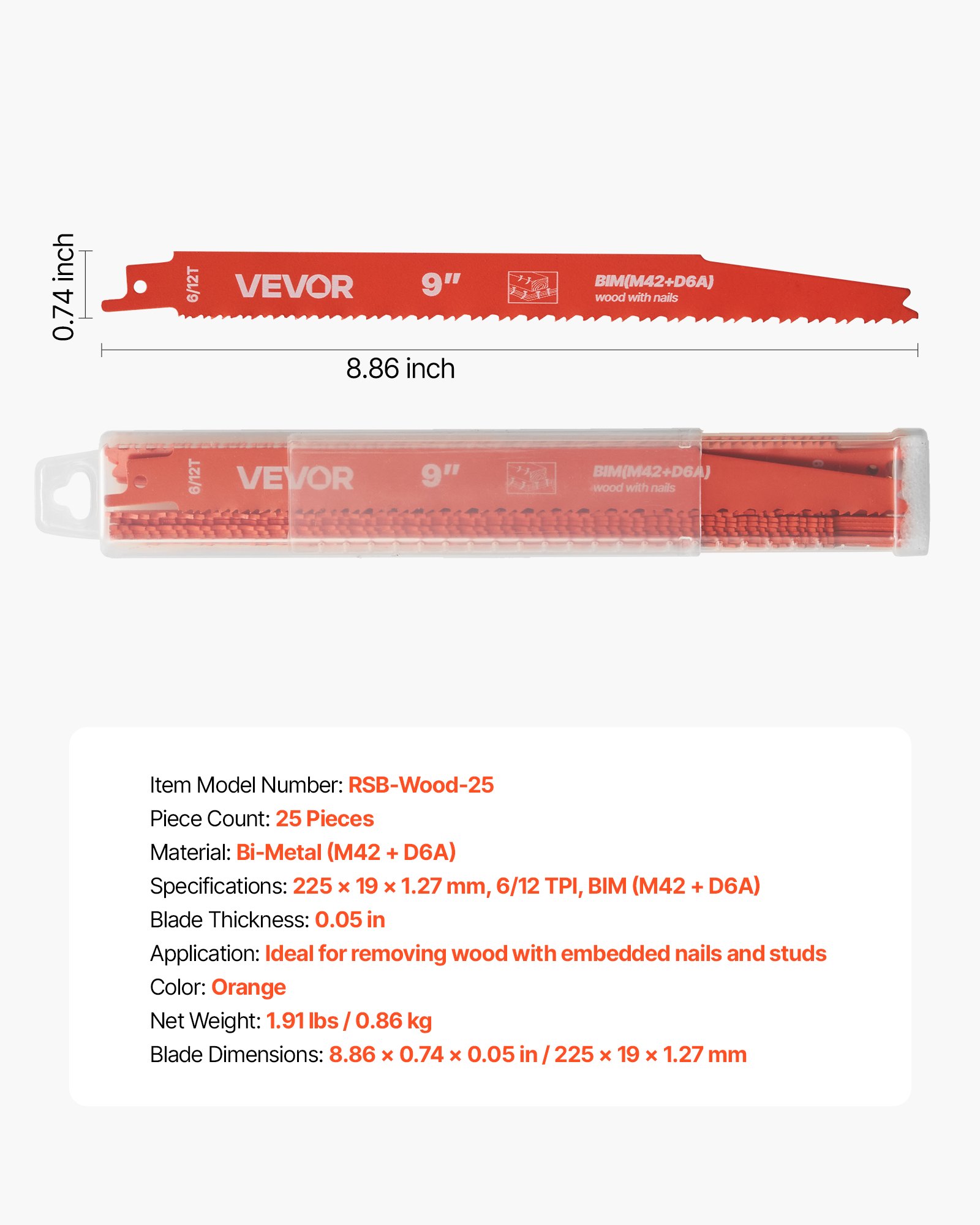 VEVOR Reciprocating Saw Blades, 25 Pack, 6/12 TPI Bi-Metal Reciprocating Saw Blade Set with Universal Shank, Sharp Teeth for Fast and Smooth Cuts, for Wood and Nail-Embedded Wood Demolition, Orange