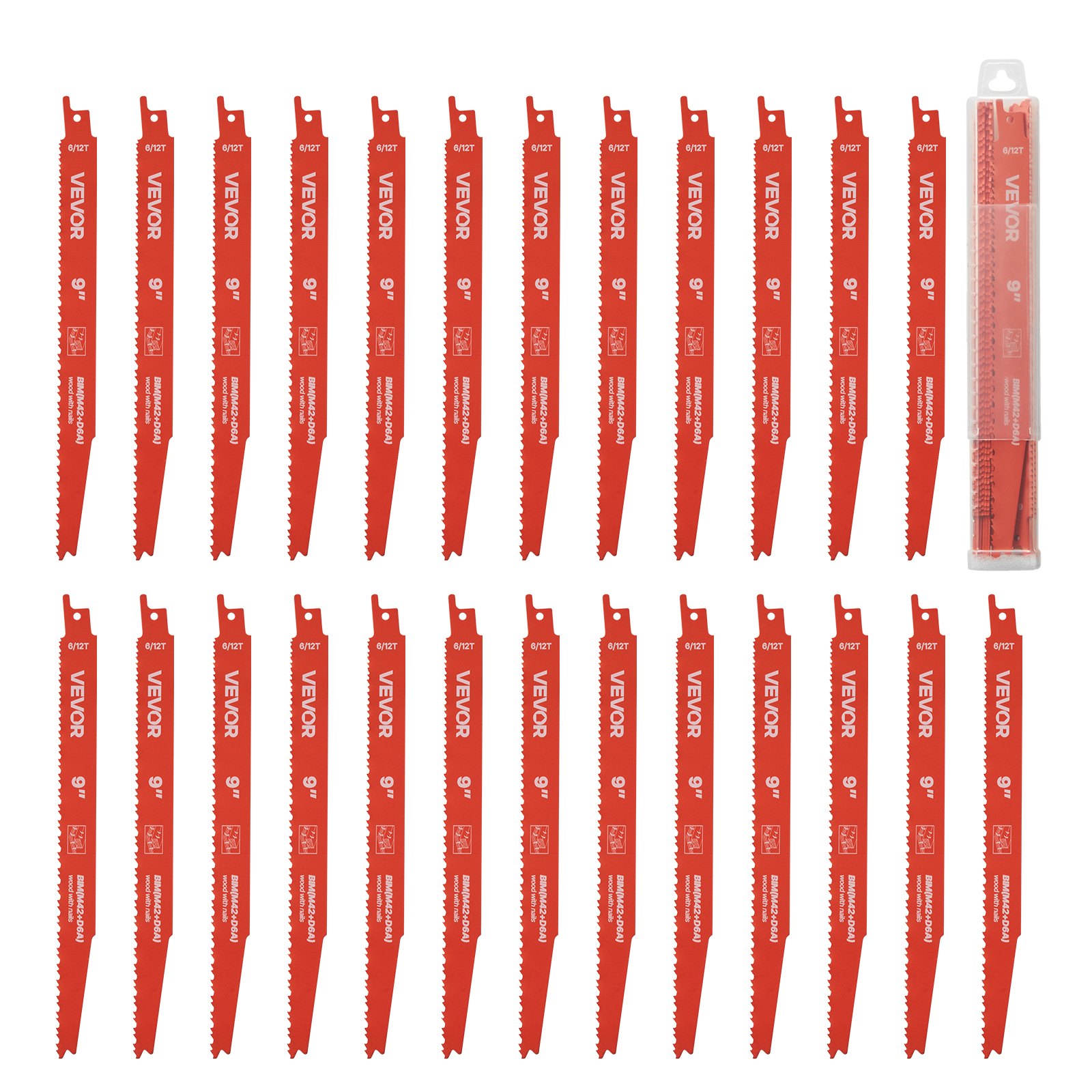 VEVOR Reciprocating Saw Blades, 25 Pack, 6/12 TPI Bi-Metal Reciprocating Saw Blade Set with Universal Shank, Sharp Teeth for Fast and Smooth Cuts, for Wood and Nail-Embedded Wood Demolition, Orange