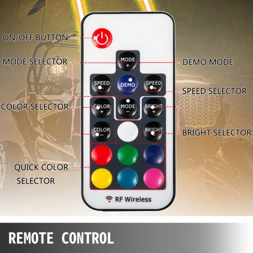VEVOR 2PC 4FT LED Whip Lights RGB Color Lighted Whips for UTV ATV 20 Colors,5 Levels,23 Modes,10 Speed Options,Weatherproof,Off-Road Whip RF Wireless Remote for UTV ATV Polaris Accessories RZR