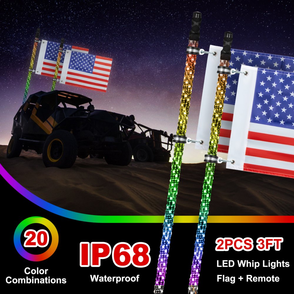 VEVOR Lot de 2 fouets LED en spirale à 360° de 0,9 m, fouets lumineux de couleur RVB pour UTV ATV, 21 modes, 20 couleurs, 5 niveaux, résistant aux intempéries, télécommande sans fil RF pour UTV ATV Polaris, accessoires RZR