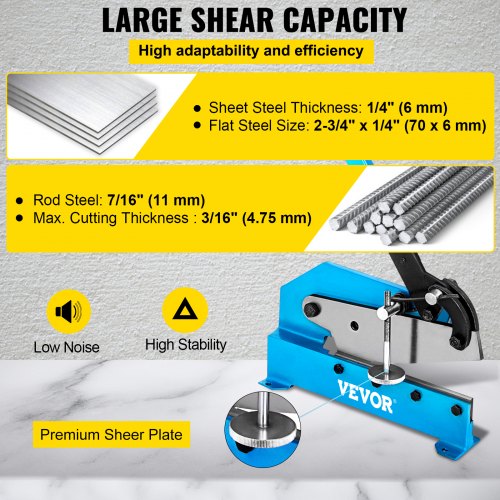 VEVOR Hand Plate Shear 5", Manual Metal Cutter Cutting Thickness1/4 Inch Max, Metal Steel Frame Snip Machine Benchtop 7/16 Inch Rod, for Shear Carbon Steel Plates and Bars