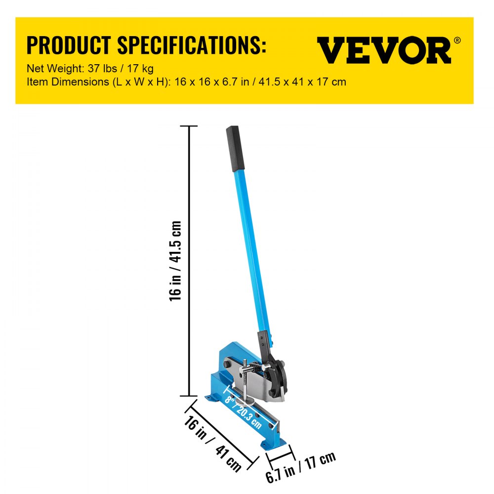 VEVOR hand plate shear specifications with dimensions and weight.