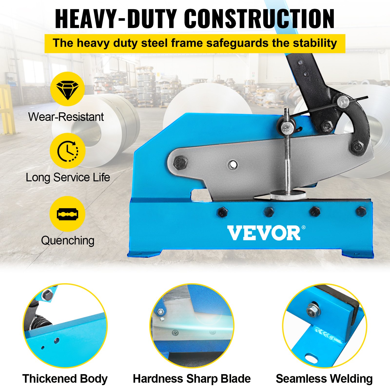 VEVOR hand plate shear with heavy-duty steel frame, sharp blade, and seamless welding.