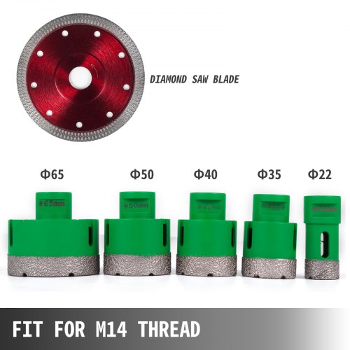 VEVOR 5PCS Diamond Hole Saw Set Diamond Drill Core Bits with Saw Blade, 22/35/40/50/65MM M14 Thread carborundum Granite Granite