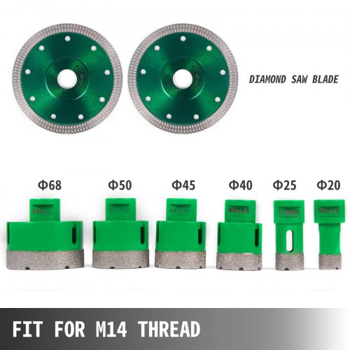 VEVOR 6 Pcs Diamond Hole Saw Set Drill Core Bits M14 Thread 20/25/40/45/50/68 MM(0.79/1/1.6/1.77/2/2.7 Inch) With 2 Saw Blades