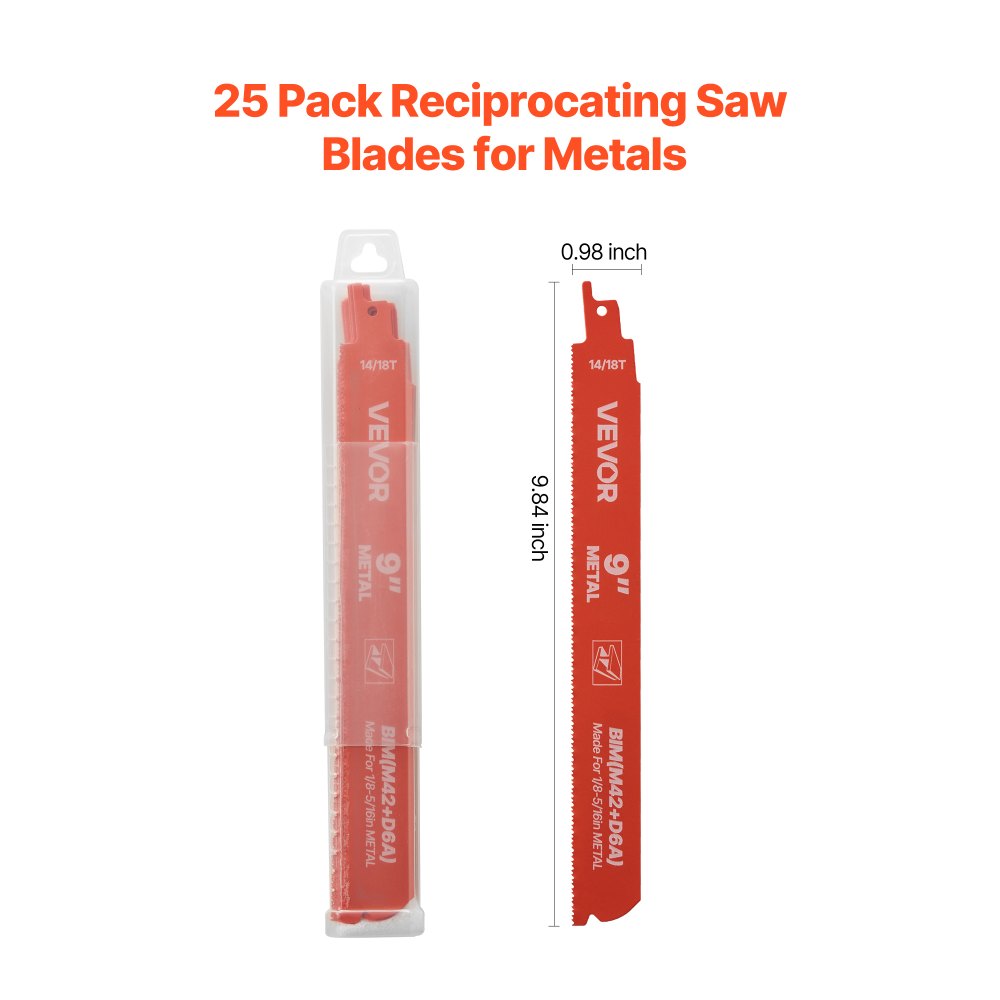 VEVOR Reciprocating Saw Blades, 25 Pack, 14/18 TPI Bi-Metal Reciprocating Saw Blade Set with Universal Shank, Sharp Teeth for Fast and Smooth Cuts, for Cutting 1/8-5/16 inch Medium Metals, Orange