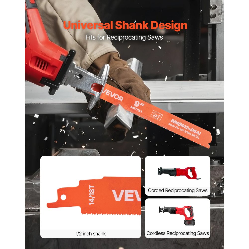 VEVOR Reciprocating Saw Blades, 25 Pack, 14/18 TPI Bi-Metal Reciprocating Saw Blade Set with Universal Shank, Sharp Teeth for Fast and Smooth Cuts, for Cutting 1/8-5/16 inch Medium Metals, Orange