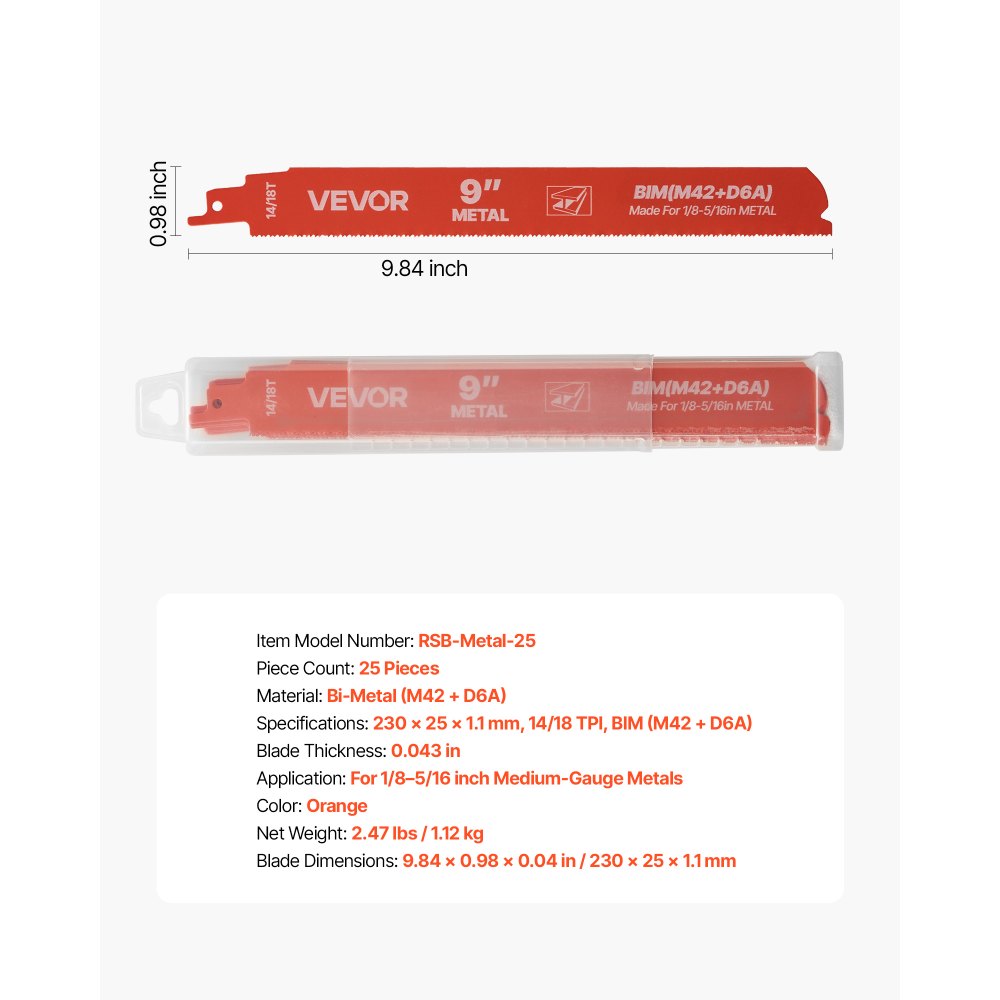 VEVOR Reciprocating Saw Blades, 25 Pack, 14/18 TPI Bi-Metal Reciprocating Saw Blade Set with Universal Shank, Sharp Teeth for Fast and Smooth Cuts, for Cutting 1/8-5/16 inch Medium Metals, Orange