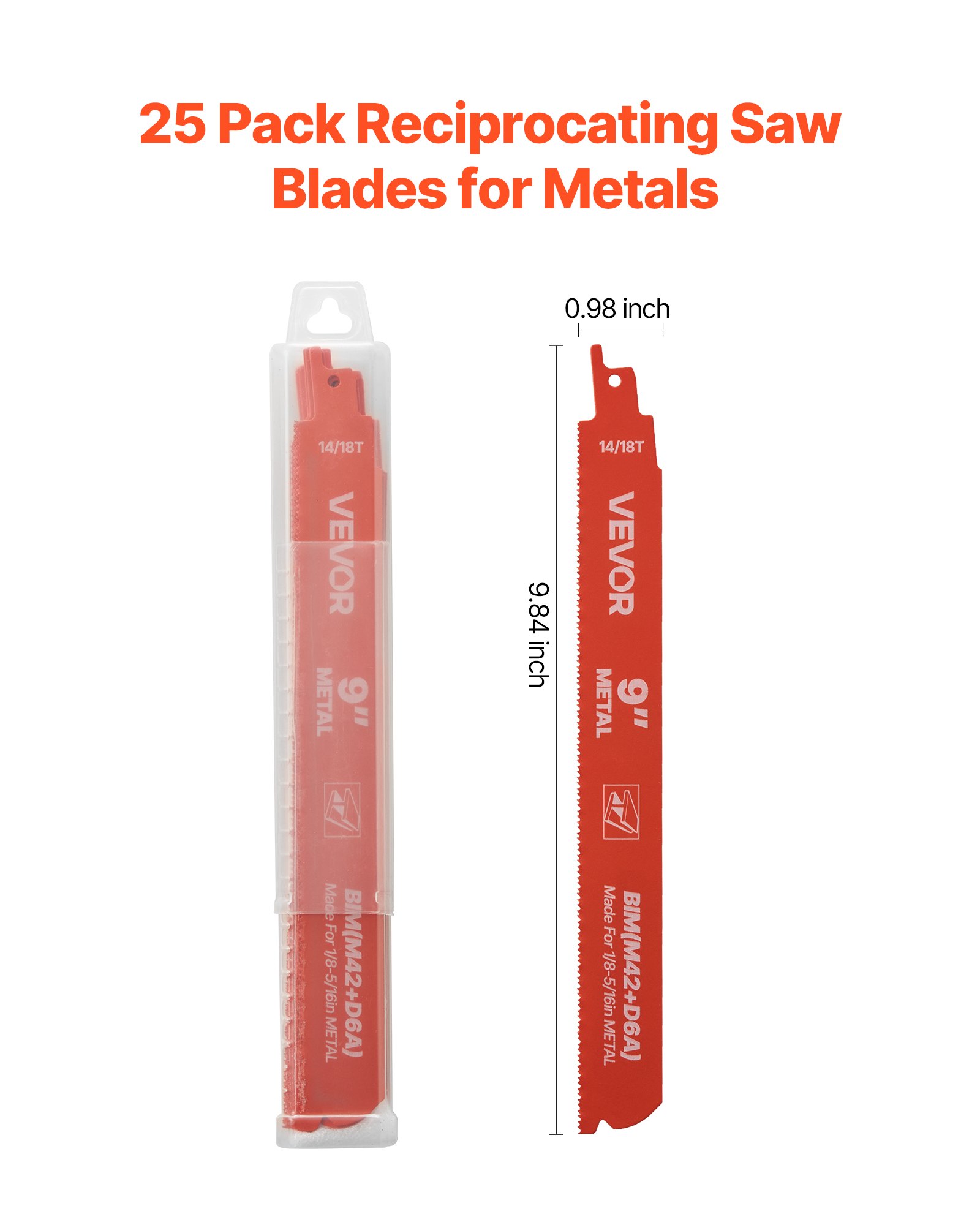 VEVOR Reciprocating Saw Blades, 25 Pack, 14/18 TPI Bi-Metal Reciprocating Saw Blade Set with Universal Shank, Sharp Teeth for Fast and Smooth Cuts, for Cutting 1/8-5/16 inch Medium Metals, Orange