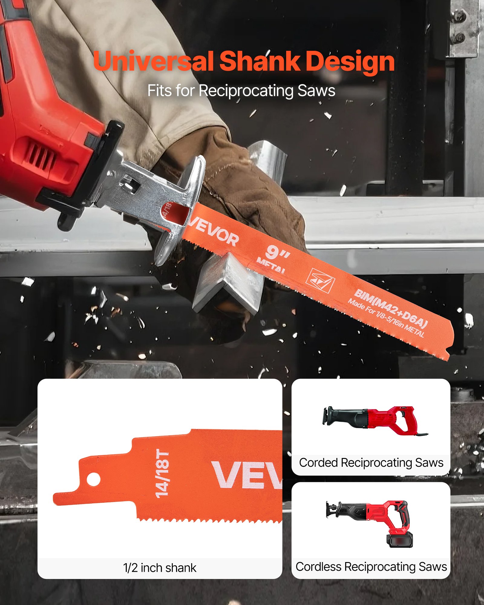 VEVOR Reciprocating Saw Blades, 25 Pack, 14/18 TPI Bi-Metal Reciprocating Saw Blade Set with Universal Shank, Sharp Teeth for Fast and Smooth Cuts, for Cutting 1/8-5/16 inch Medium Metals, Orange