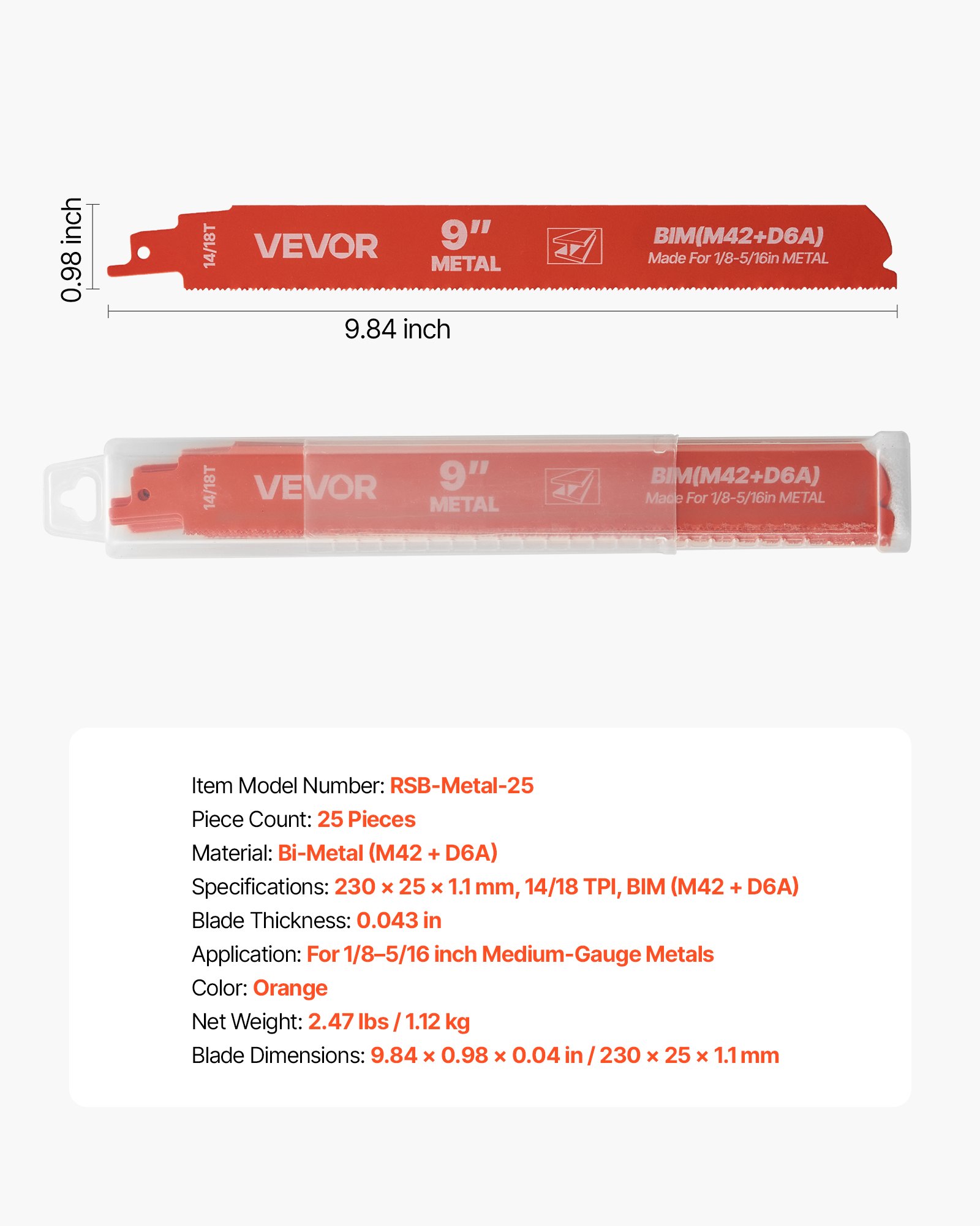 VEVOR Reciprocating Saw Blades, 25 Pack, 14/18 TPI Bi-Metal Reciprocating Saw Blade Set with Universal Shank, Sharp Teeth for Fast and Smooth Cuts, for Cutting 1/8-5/16 inch Medium Metals, Orange