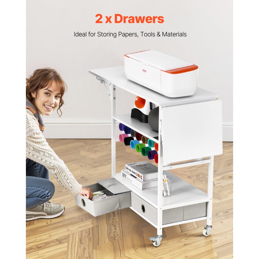 VEVOR Rolling Craft Cart and Storage Table, Compatible with Cricut Machines, Collapsible Cricut Table with Foldable Sides, Craft Rolling Storage Organizer with 14 Vinyl Roll Holders and 2 Drawers