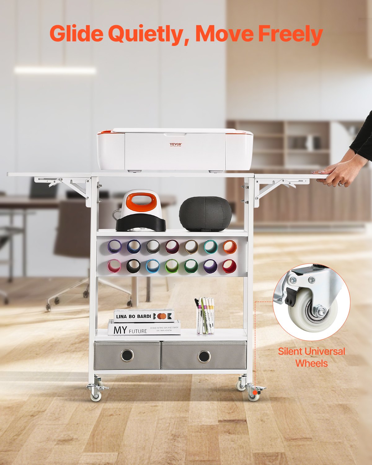 VEVOR Rolling Craft Cart and Storage Table, Compatible with Cricut Machines, Collapsible Cricut Table with Foldable Sides, Craft Rolling Storage Organizer with 14 Vinyl Roll Holders and 2 Drawers