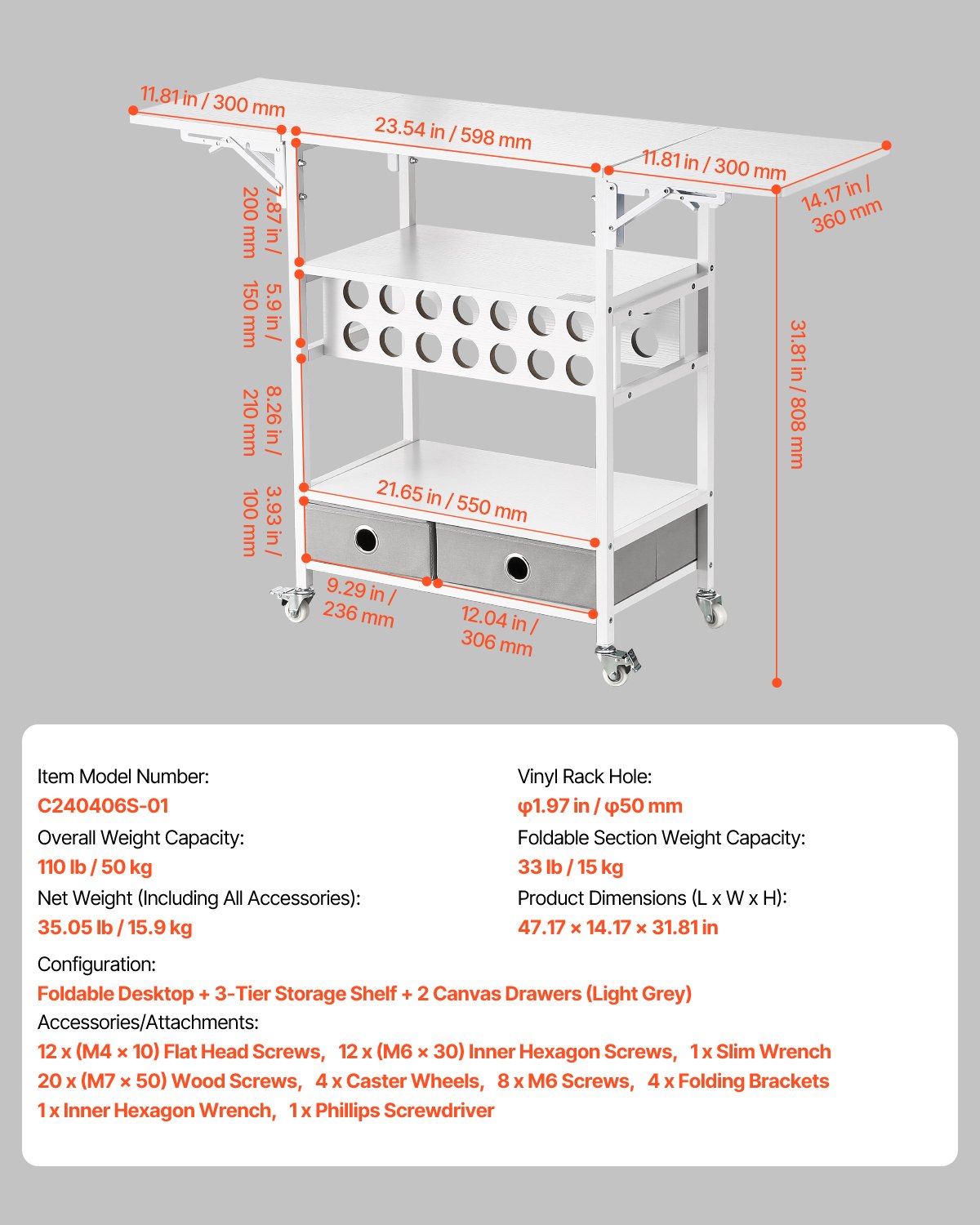 VEVOR Rolling Craft Cart and Storage Table, Compatible with Cricut Machines, Collapsible Cricut Table with Foldable Sides, Craft Rolling Storage Organizer with 14 Vinyl Roll Holders and 2 Drawers