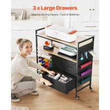 Rolling Craft Cart and Storage Table with 20 Vinyl Roll Holders 3 Drawers Black