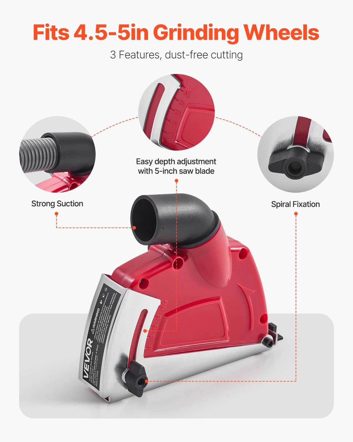 VEVOR Cutting Dust Shroud for Angle Grinders, Universal 4-5 in Angle Grinder Dust Shroud with 6 Clamping Washers, Adjustable Cutting Depth, Connect to Vacuum Cleaner, for Wood Concrete Wall Stone