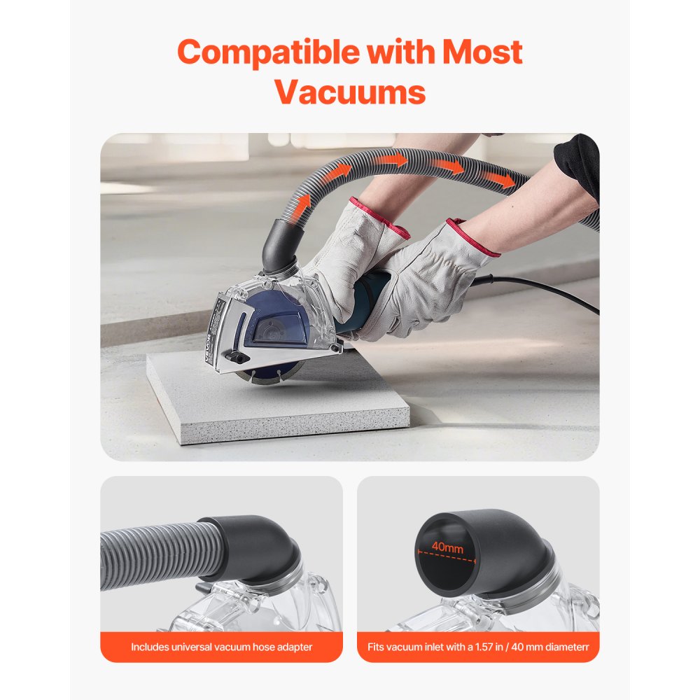 VEVOR Cutting Dust Shroud for Angle Grinders, Universal 4-5 in Angle Grinder Dust Shroud with 6 Clamping Washers & 5 in Diamond Grinding Cup Wheel, Adjustable Cutting Depth, Connect to Vacuum Cleaner