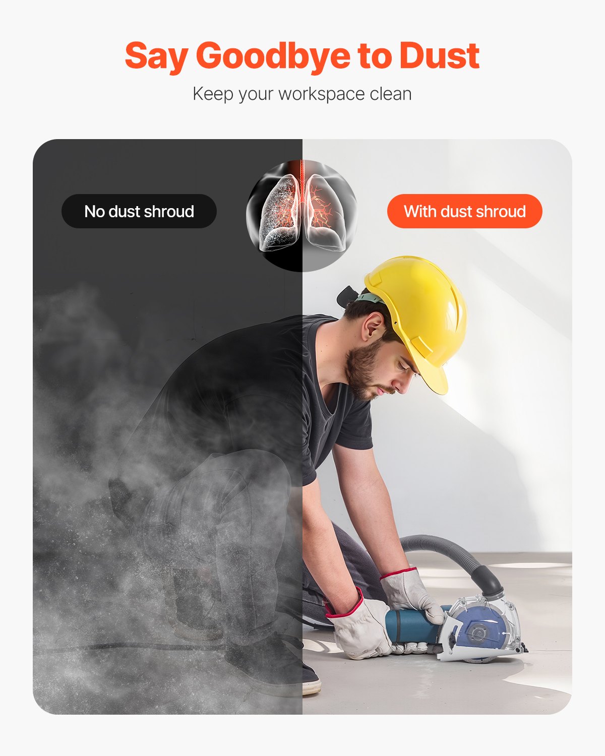 VEVOR Cutting Dust Shroud for Angle Grinders, Universal 4-5 in Angle Grinder Dust Shroud with 6 Clamping Washers & 5 in Diamond Grinding Cup Wheel, Adjustable Cutting Depth, Connect to Vacuum Cleaner