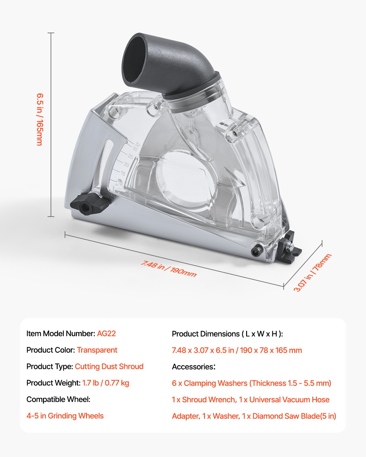 VEVOR Cutting Dust Shroud for Angle Grinders, Universal 4-5 in Angle Grinder Dust Shroud with 6 Clamping Washers & 5 in Diamond Grinding Cup Wheel, Adjustable Cutting Depth, Connect to Vacuum Cleaner