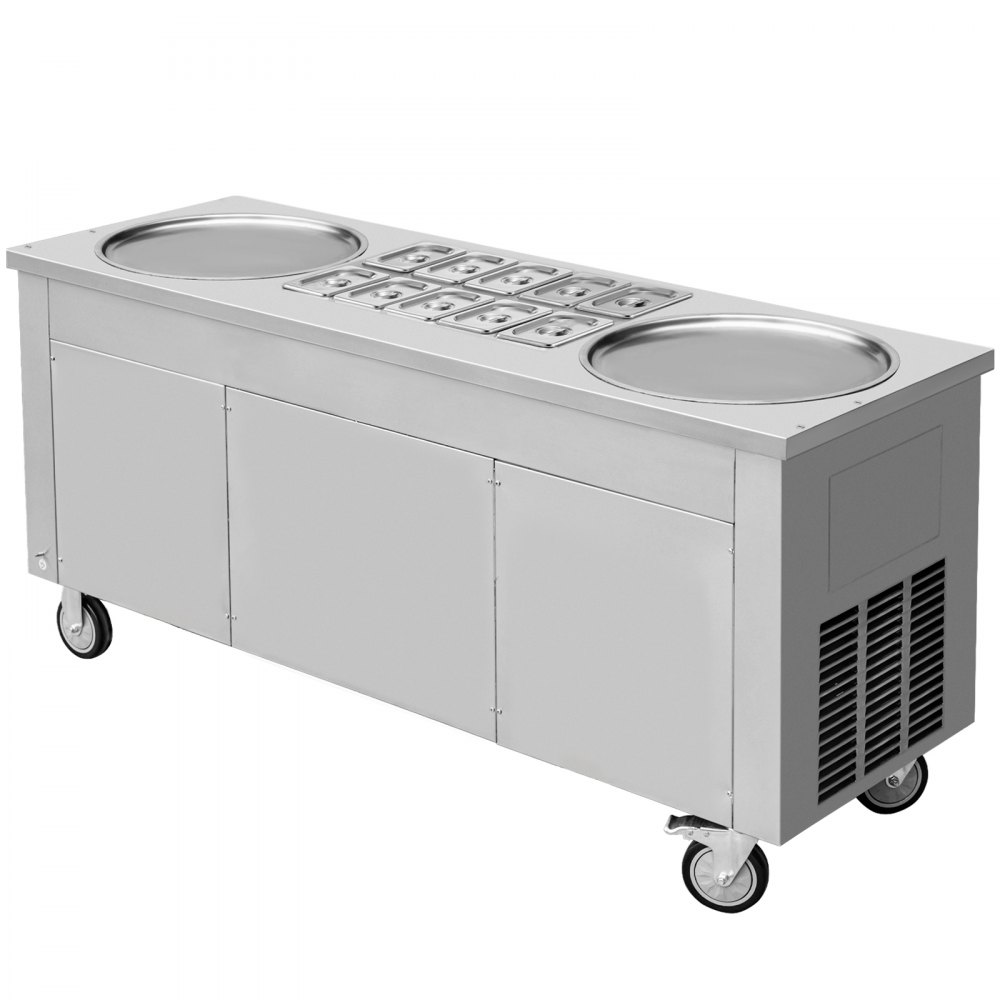 VEVOR Commercial Rolled Ice Cream Machine, 2800W Stir-Fried Ice Cream Roll Maker 2 Pans, Stainless Ice Cream Roll Machine w/ Refrigerated Cabinet 10 Boxes, Yogurt Cream Maker for Bar Café Snack Stand
