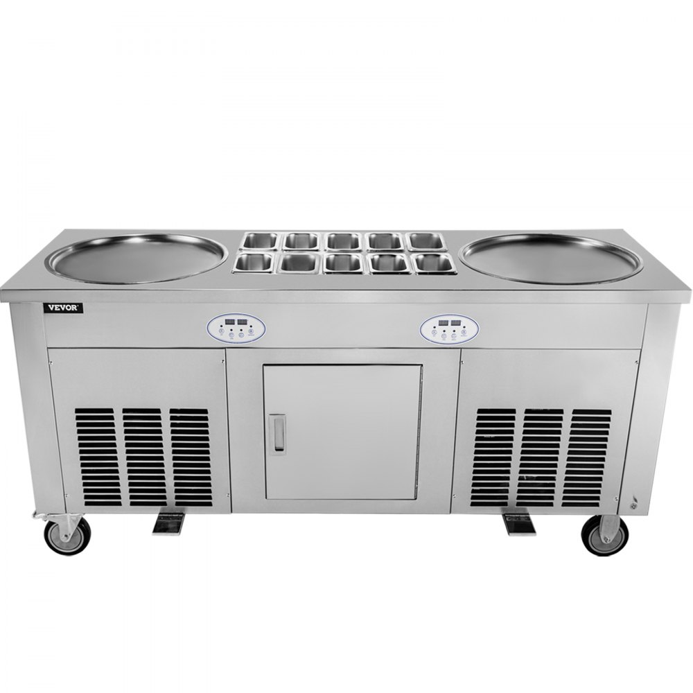 VEVOR Commercial Rolled Ice Cream Machine, 2800W Stir-Fried Ice Cream Roll Maker 2 Pans, Stainless Ice Cream Roll Machine w/ Refrigerated Cabinet 10 Boxes, Yogurt Cream Maker for Bar Café Snack Stand