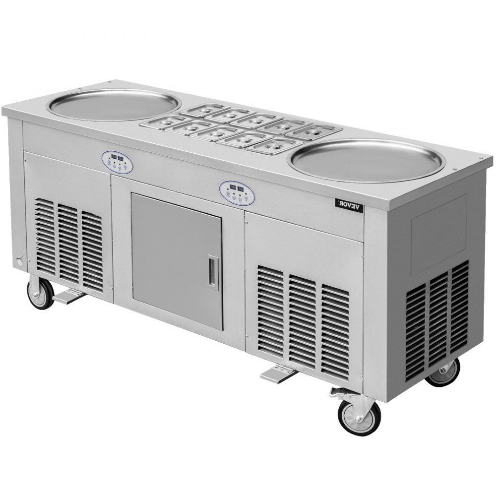 VEVOR Commercial Rolled Ice Cream Machine, 2800W Stir-Fried Ice Cream Roll Maker 2 Pans, Stainless Ice Cream Roll Machine w/ Refrigerated Cabinet 10 Boxes, Yogurt Cream Maker for Bar Café Snack Stand