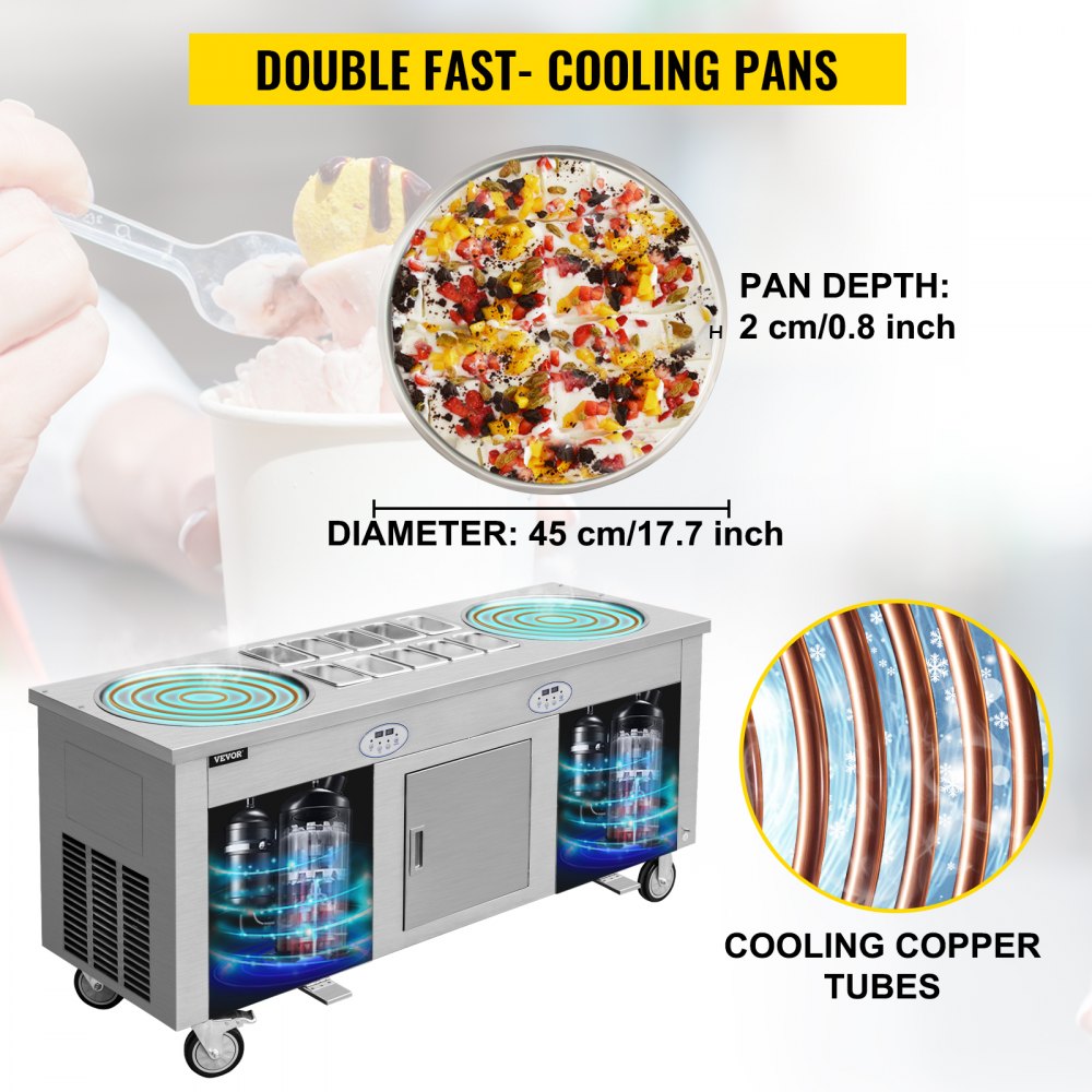 VEVOR Commercial Rolled Ice Cream Machine, 2800W Stir-Fried Ice Cream Roll Maker 2 Pans, Stainless Ice Cream Roll Machine w/ Refrigerated Cabinet 10 Boxes, Yogurt Cream Maker for Bar Café Snack Stand