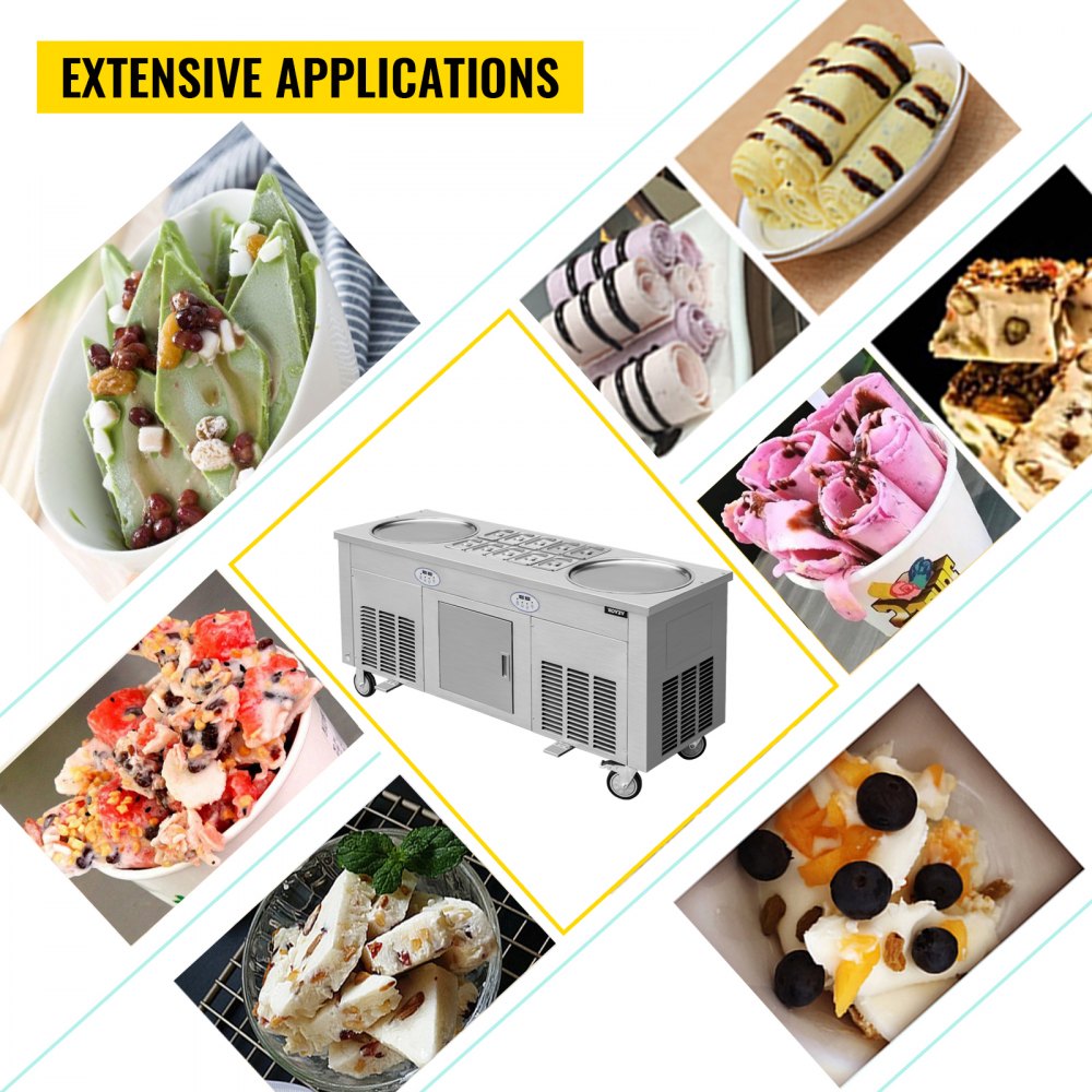 VEVOR Commercial Rolled Ice Cream Machine, 2800W Stir-Fried Ice Cream Roll Maker 2 Pans, Stainless Ice Cream Roll Machine w/ Refrigerated Cabinet 10 Boxes, Yogurt Cream Maker for Bar Café Snack Stand