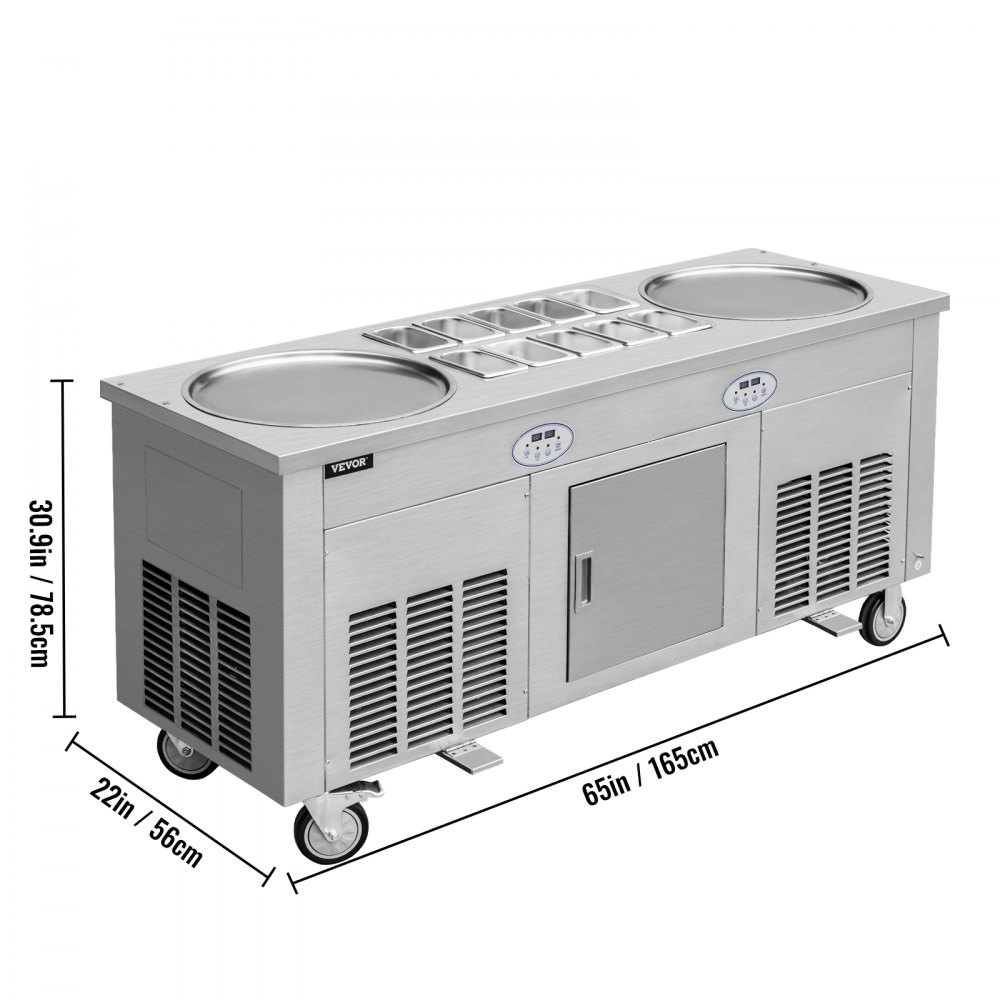 VEVOR Commercial Rolled Ice Cream Machine, 2800W Stir-Fried Ice Cream Roll Maker 2 Pans, Stainless Ice Cream Roll Machine w/ Refrigerated Cabinet 10 Boxes, Yogurt Cream Maker for Bar Café Snack Stand